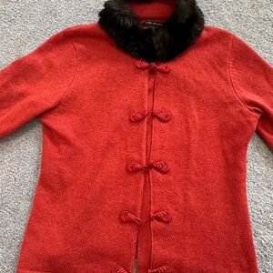 Orange Wool Asian Cardigan with Fur Collar